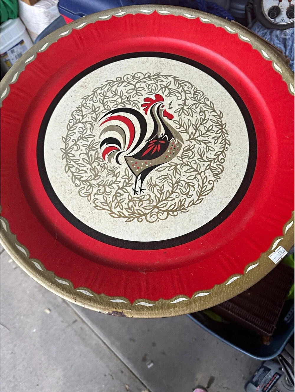 Round Painted Metal Serving Tray Red & Gold Rooster Design 1 Compartment